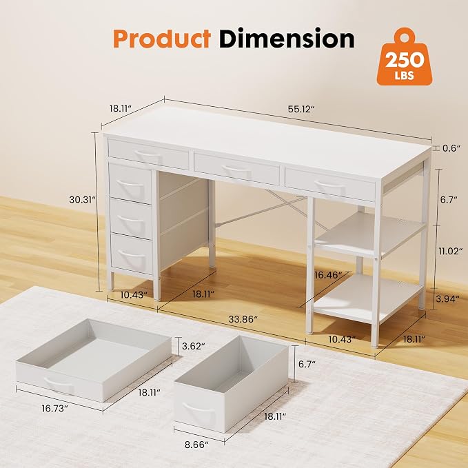 OLIXIS 55 Inch Computer Desk with 6 Fabric Drawers, for Home Office Work | 6 Fabric Drawers & Reversible Gaming Desk, Office Workstation, Corner Desk with Storage, Home Office,Living Room,Dorm, White