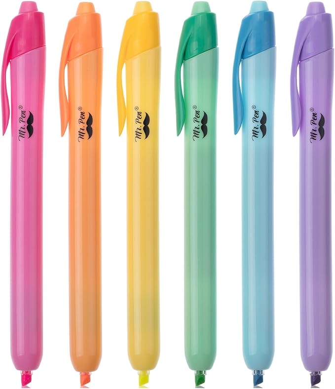 Mr. Pen- Retractable Highlighters, 6 Pack, Bright Colors | Chisel Tip Highlighter Marker Set, Click Highlighter Markers for Classroom, Journaling, Study Supplies