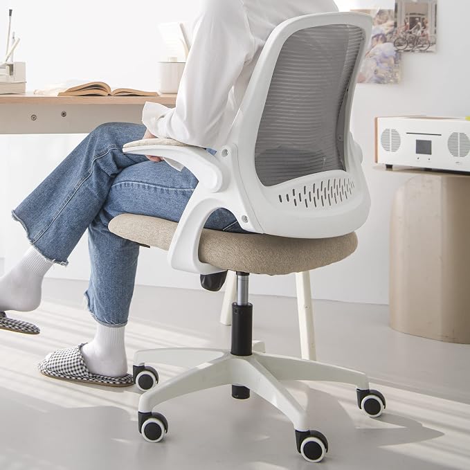 NEO CHAIR Office Desk Chair, Ergonomic Mesh with Flip-Up Armrests, Beige | Lumbar Support, Height Adjustment, 360° Swivel and Rolling Base, Space-Saving Design for Home Office, Vanity or Study