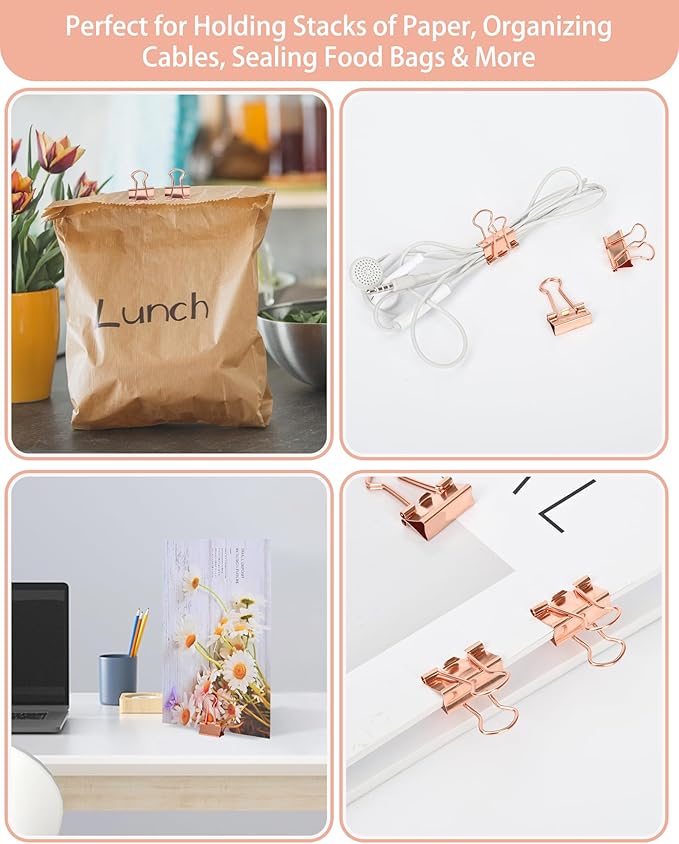 Binder Clips, 50 Pack, 0.75 in Small Paper Clips for Office,（Rose Gold）