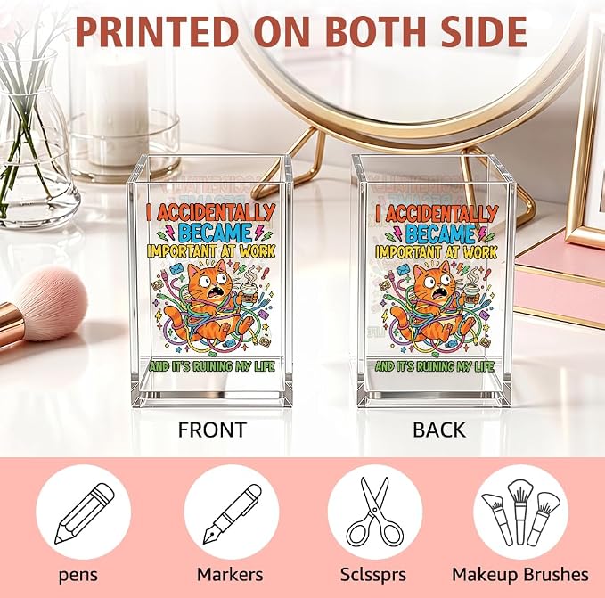 I Accidentally Became Important Acrylic Pencil Holder for Coworker | Funny Cat Pen Holder Cup for Women Men Employees, Boss Gifts for Office Desk , Sarcastic Work Gifts, Novelty New Job Present