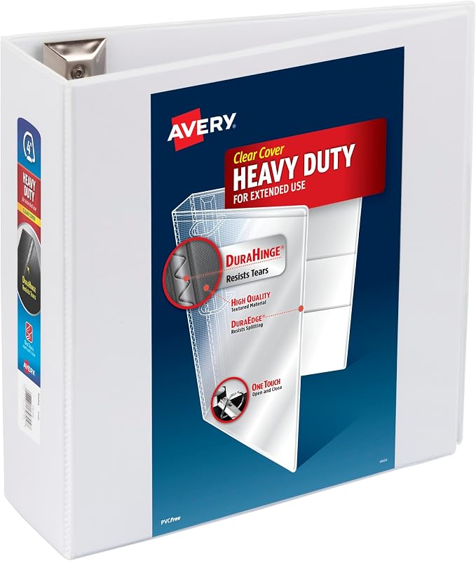 Avery® Heavy-Duty View 3 Ring Binder, 4" Slant Rings, 1 White Binder | For Heavy School, Home and Office Use, DuraHinge Tear-Resistant Spine, DuraEdge Split-Resistant Edges, Clear View Covers