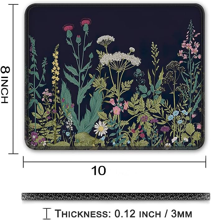 BOSOBO Mouse Pad, Square Anti-Slip Rubber Gaming Mousepad, Premium-Textured & Waterproof Mouse Mat with Stitched Edge, Cute Office Mouse Pads for Women Men Computer Laptop, 10" x 8", Black Flowers