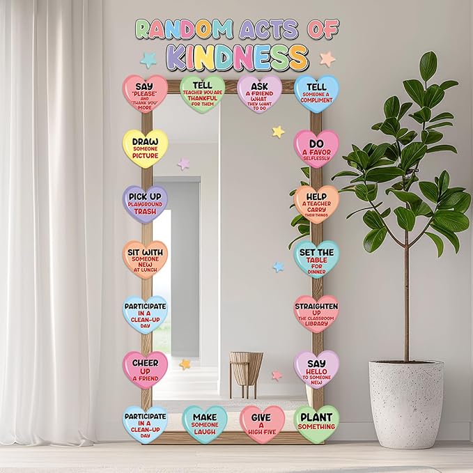 Random Acts of Heart Kindness Bulletin Board Set Colorful Motivational Classroom Decoration Sweet Candy Heart Kind Challenge Cutouts for Back to School Office Home Chalkboard Decor Wall Door