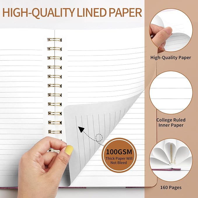 A5 Spiral Notebook, Fabric Hardcover College Ruled Journal | 100GSM Paper 160 Lined Pages, 5.7"x8.39" Steno Pads with Elastic Band & Pen Loop, for Work, School Note Taking (Pink)
