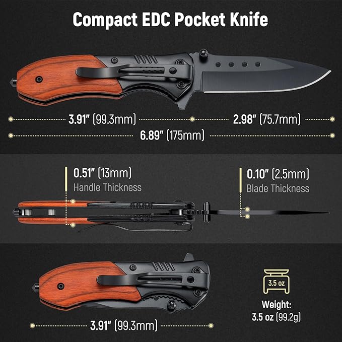 Pocket Knife for Men - Sharp Blade Wood Handle Pocket Folding Knives with Clip, Glass Breaker - EDC Knives for Survival Camping Fishing Hiking Women, Small, Black