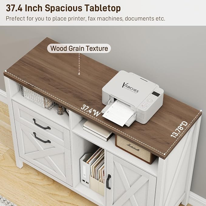 Befrases Farmhouse File Cabinet with Doors, Lateral Filing Cabinet with 2 Drawers for Letter/A4 Size Hanging Files, Large Wooden Printer Stand with Open Shelf for Home Office, Rustic White