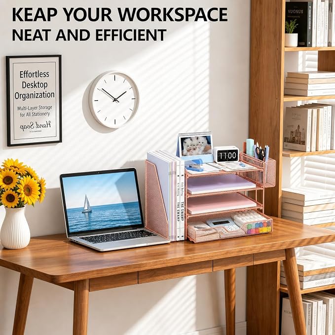Desk Organizers and Accessories, 4-Tier Desktop File Organizer with Drawer and Pen Holders, Office Desk Accessories Workspace Organizers for Office Supplies (Rose Gold)