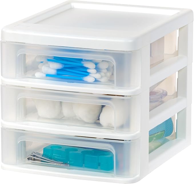 IRIS USA 4-Pack 3-Drawer Small Desktop Organizer, Stackable, White | Keep dorm desks tidy with drawers for school supplies, makeup, chargers, snacks and everyday college essentials