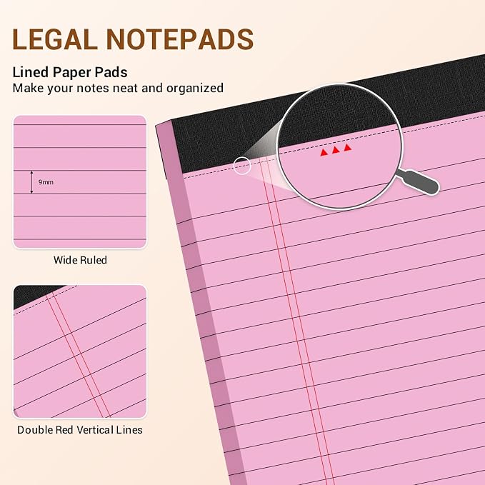 12 Pack Pink Legal Pads 8.5 x 11 Note Pads Wide Ruled Notepads Writing Pad | Micro Perforated Lined Paper Pad of Paper with Sturdy White Back,30 Sheet/Notepad, Writing Pads for to-Do Lists,Office,School