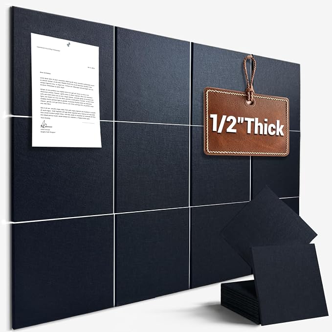 48" x 36" Large Felt Bulletin Board 1/2" Thick, Black | 12 Pack Felt Tiles, Cork Board Alternative, 60 Adhesive Tabs, Pin Board for Home Office Decor with Easy Install