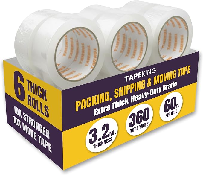 Tape King Clear Packing Tape Ultra Thick | 60 Yards Per Roll (6 Rolls) | 2 Inch Wide Heavy Duty Packing Tape 3.2mil Strong Adhesive for Moving Boxes, Shipping Cartons, Office Use, Sealing (360 Yards)