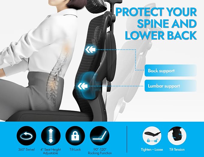 Ergonomic Office Chair: Mesh Desk Chair Comfy with Headrest& Lumbar Support | Ergalithic Big and Tall Office Chairs with Wheels & Flip-Up Arms-Computer Gaming Chairs for Adults (Black-Pack of 4)