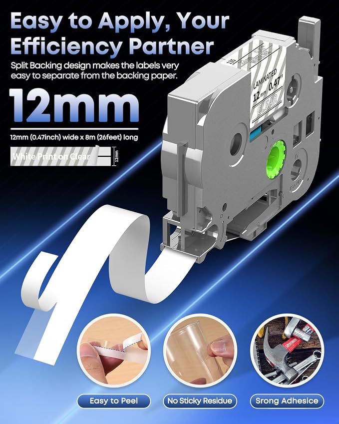 TZe TZ Tape 12mm 0.47 Laminated White on Clear TZe-135 Label Tape | Replace for Brother Label Maker Tape Clear TZe135 TZ135 for Brother P-Touch PT-D210 PT-D220 PT-H110 PT-D400 PT-D600, 5-Pack