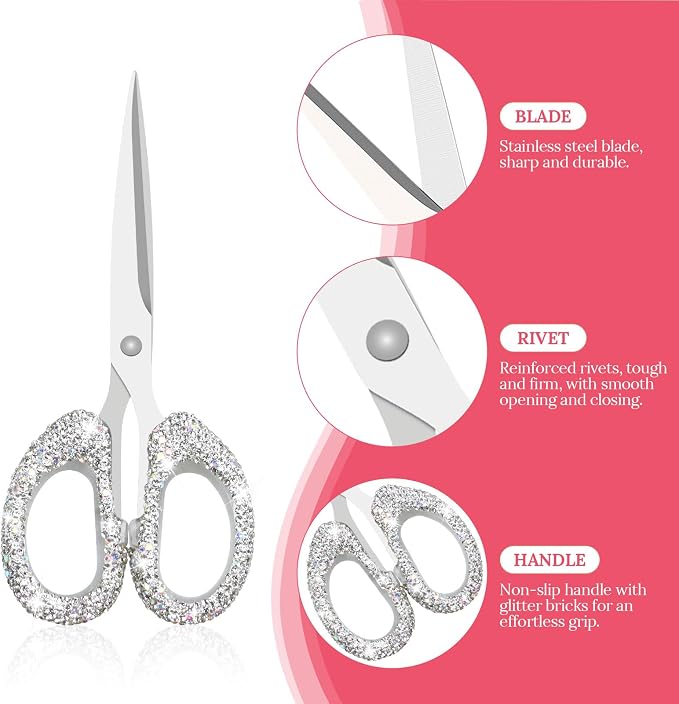 Koqye 6.3-Inch Rhinestone Scissors - Stainless Steel Cute Scissors for Office, Home & Crafting, Decorative Bling Handle Paper Cutting Tool (White)