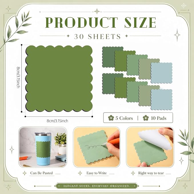 Epakh 10 Pack Scalloped Line Sticky Notes,3 x 3 Inch,Green | 300 Sheets, Small Notes Pads, Thick Note Pads, Strong Adhesive, Back to School Office Supplies