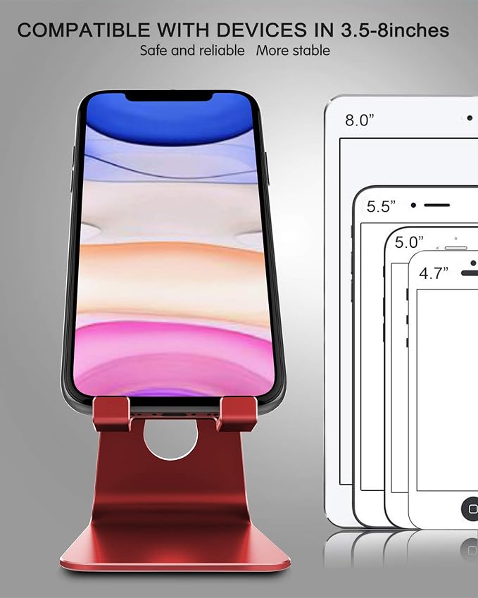 CreaDream Aluminum Cell Phone Stand, Adjustable Phone Holder for Desk | Adjustable Viewing Angle, Desktop Stand, Stable Base, Fits iPhone 17 16 15 14 13 Pro Max Desk Accessories, Red
