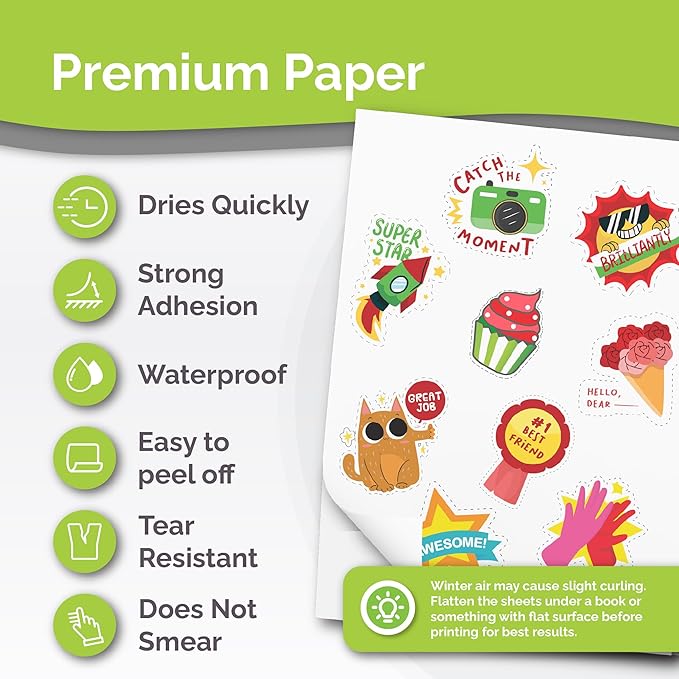 Premium Printable Vinyl Sticker Paper for Inkjet & Laser Printer - 56 Sheets Self-Adhesive Sheets Matte White Waterproof, Dries Quickly Vivid Colors, Holds Ink Well - Tear Resistant