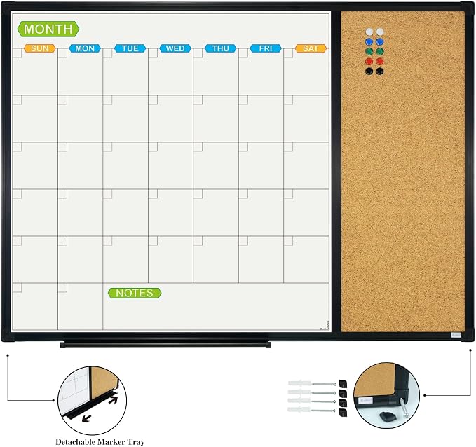 Magnetic Calendar Whiteboard & Bulletin Corkboard Combination, Combo Board 28 x 20 Inch, Black Aluminum Frame Wall Mounted Board for Office Home and School with 10 Push Pins