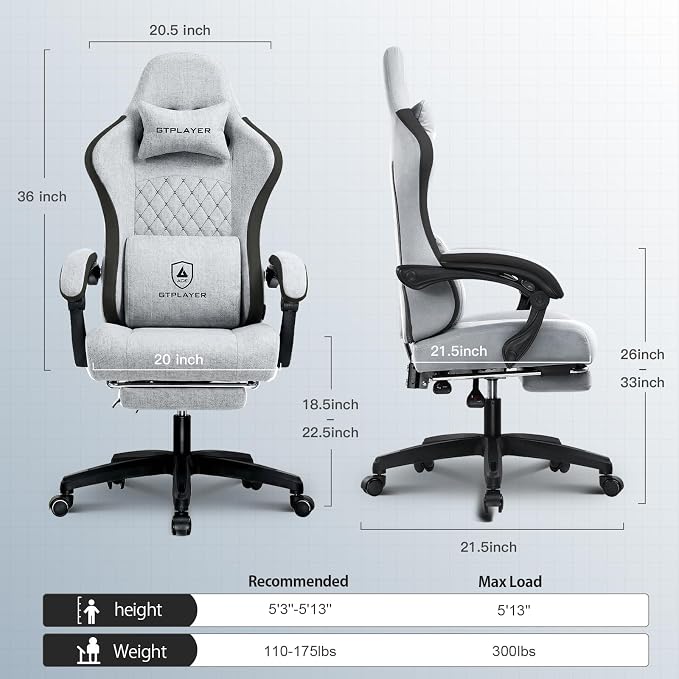 GTPLAYER Gaming Chair, Computer Office Chair with Pocket Spring Cushion, Linkage Armrests and Footrest, High Back Ergonomic Computer Chair with Lumbar Support Task Chair with Footrest