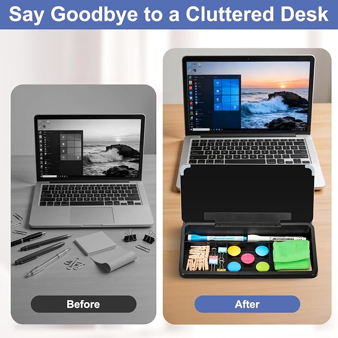 DOLLAR BOSS 12"x7" Small Glass Desktop Whiteboard, All Black | Dry Erase Board with Storage Drawer, Computer Keyboard Stand, Desk Organizer, Office Accessories, School Supplies