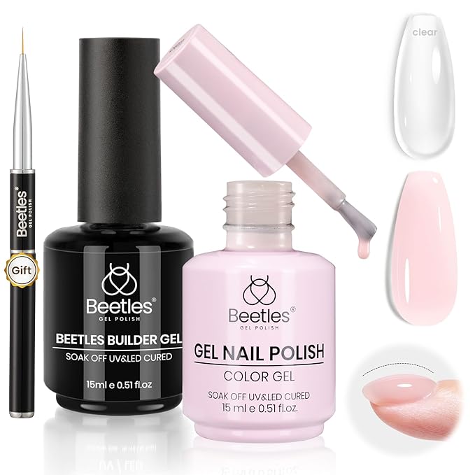 Beetles Builder Gel for Nails & Milky Pink Gel Nail Polish, 8 in 1 Clear Builder for Nail Apex, Strengthening,Crack Repair & Extension,Beginner-Friendly DIY UV Nail at Home,with Nail Art Brush