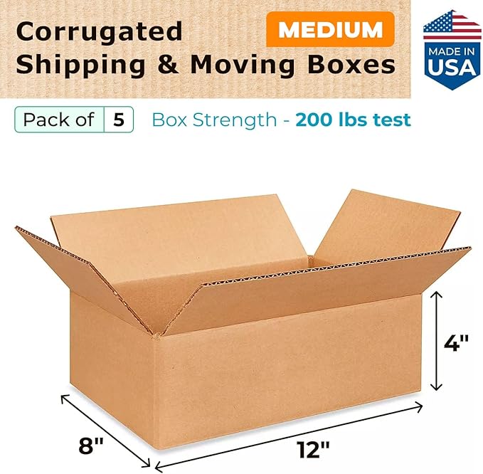Medium Moving & Shipping Boxes 12 x 8 x 4 inches (5-Pack) - Extra Strength 200 lb vs Regular - USA-Made Corrugated Boxes for Packaging for USPS - Shipping Box Medium - Cardboard Box by IDL Packaging