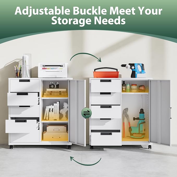 MIIIKO 5 Drawer Storage Cabinet with Door and Shelf, Mobile Lateral Cabinet on Wheels, Office Small Organizer Printer Stand, White File Cabinets