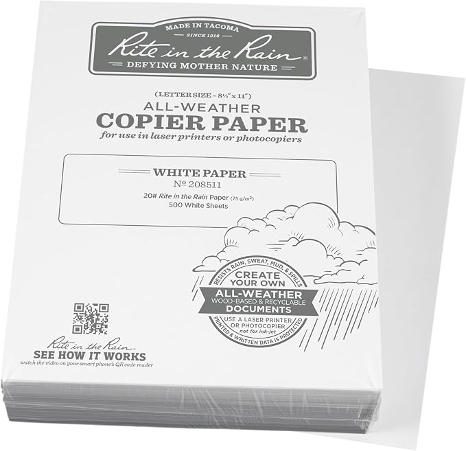 Rite in the Rain Weatherproof Bulk Copier Paper,8.5" x 11",20# White,500 Sheet Package (No. 208511X),(Pack of 6)