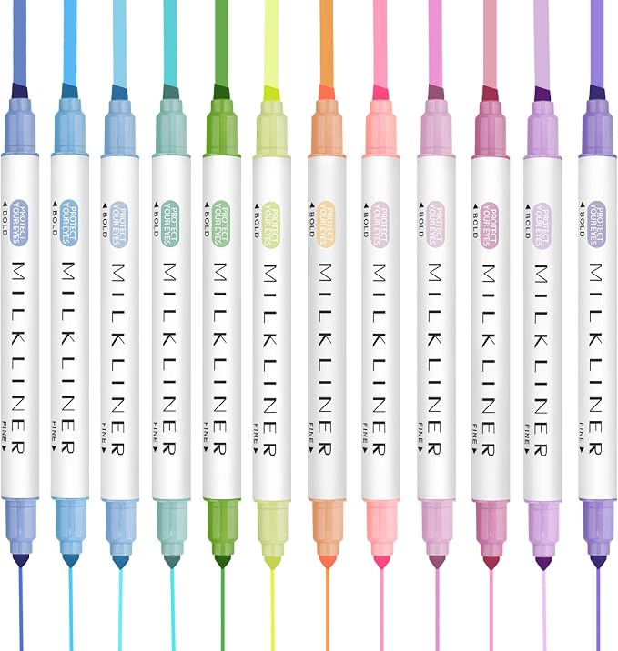 YOOUSOO 12 PCS Aesthetic Highlighters Assorted Colors, Pastel Highlighters | Unique Retro Color, Quick Dry Dual Tip No Bleed Highlighter Markers for School Office Bible Journals Planners Books Notes