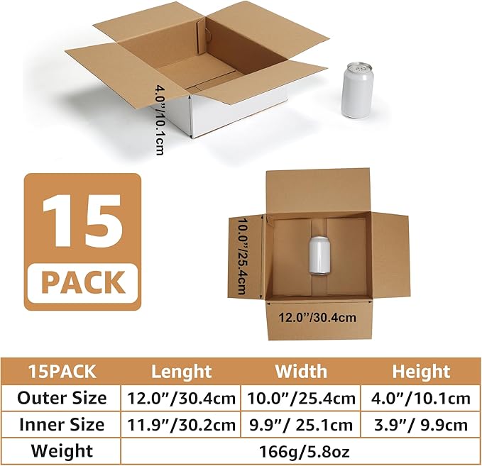 EXYGLO 15 Pack 12x10x4 Shipping Boxes for Small Business, White Corrugated Cardboard Small Box for Packaging, Moving, Mailing, and Storing