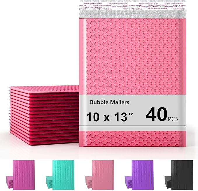 10 x 13 Inch Bubble Mailer 40 Pack, Waterproof Padded Envelopes with Strong Self-Seal Adhesive, Cushioning Shipping Bags with Bright Color for Small Business - Pink