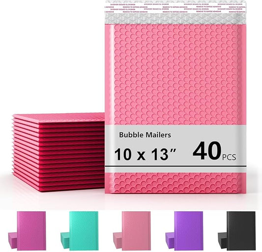 10 x 13 Inch Bubble Mailer 40 Pack, Waterproof Padded Envelopes with Strong Self-Seal Adhesive, Cushioning Shipping Bags with Bright Color for Small Business - Pink