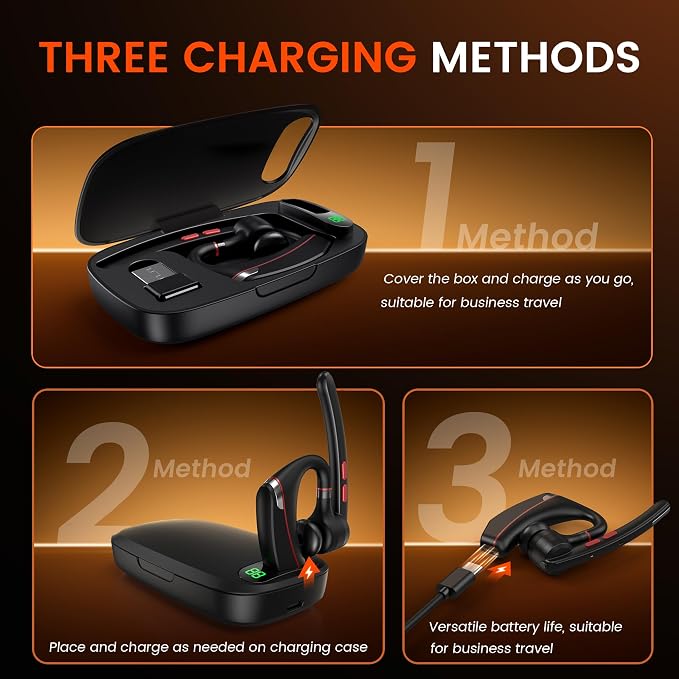 Bluetooth Headset V5.3, Wireless Headset with Dual Noise-Canceling Microphones, Portable Charging Case, 300H Standby Time, Hands Free Headphones for PC Cell Phones, Trucker Office Work (Red)