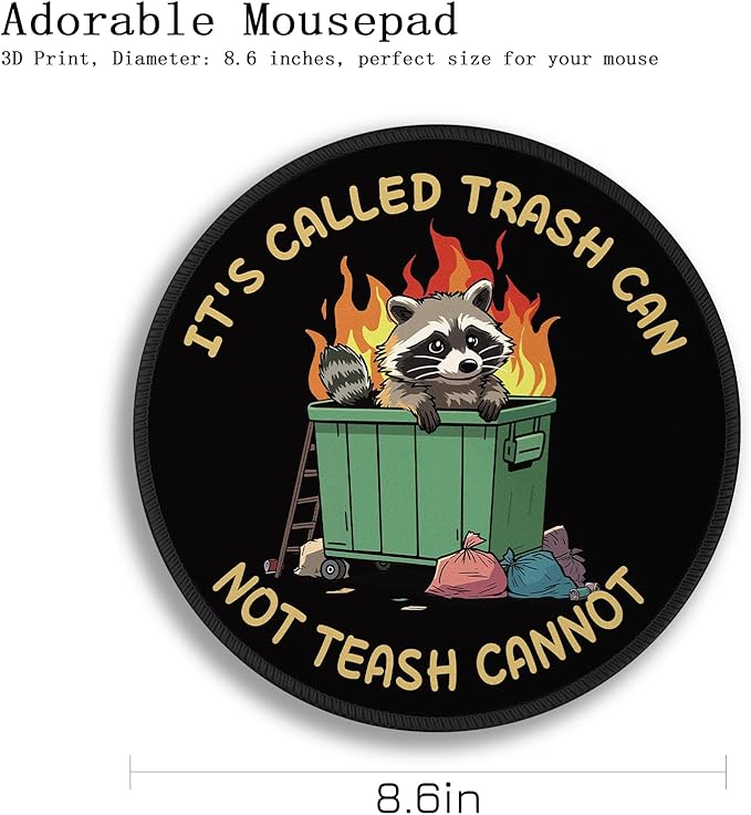 Gctriki Trash Raccoon Mouse Pad - 8.6 Inch Round Non-Slip Office Desk Mat, Cute Humorous Gift for Coworkers Boss, Premium Stitched Washable Mousepad for Computer Laptop Funny Office Desk Accessories