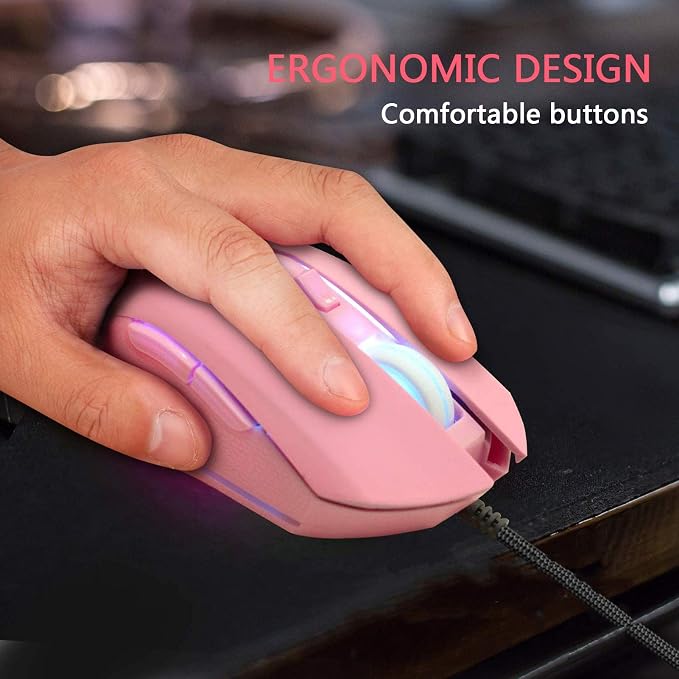 IULONEE USB Type C Wired Mouse 2400 DPI Gaming Mice for Office Home Pink | Wired Mouse Ergonomic 7 Backlight 6 Buttons Silent Compatible with Windows PC, Laptop, Computer and More USB Type C Devices