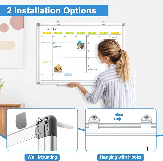 Dry Erase Calendar Whiteboard for Wall, 36" x 24" Monthly White Board | Double-Sided Magnetic, Silver Aluminum Frame, Hang Wall Mount, Portable Board for Home, Office, School