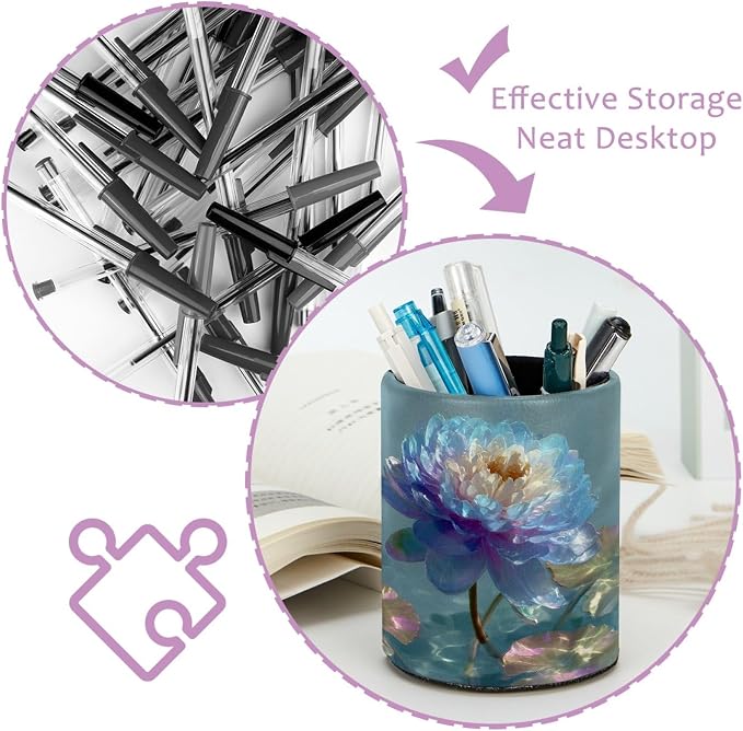 Leather Pen Holder for Desk, Water Lily Pencil Cup Pen Organizer Makeup Brush Holder for Office Home Kids Countertop Desk Accessory Storage