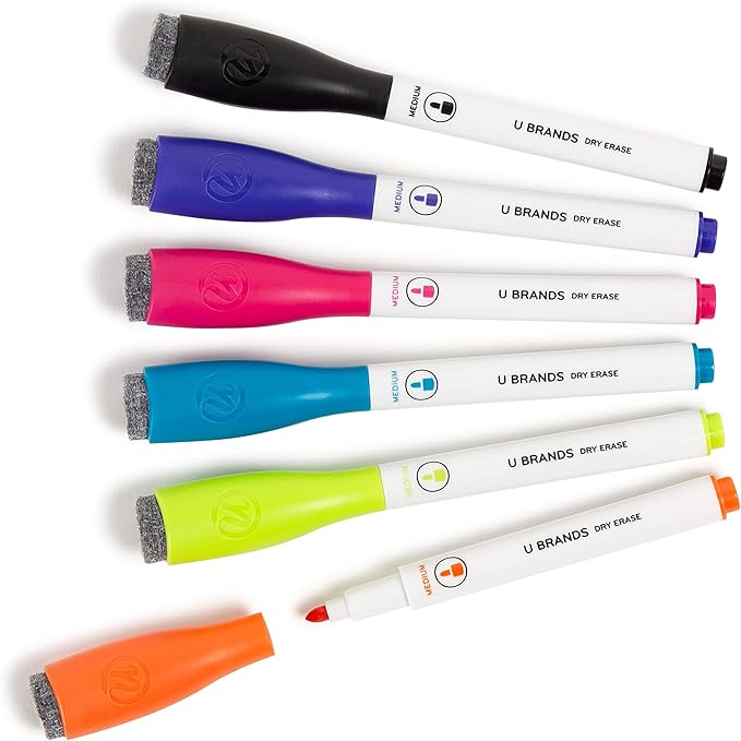 U Brands Fine Tip Dry Erase Markers with Eraser, Low Odor Whiteboard Markers Fine Tip, Assorted Bright Colors, Set of 16