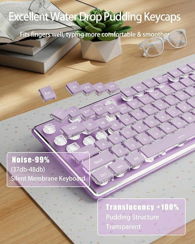 EWEADN GX710S Backlit Computer Keyboards, Wired USB Keyboard with White Backlit, Metal Panel, Plug and Play, Pudding Keycaps Full Size Quite Computer Keyboard for Win/PC/Laptop-Purple