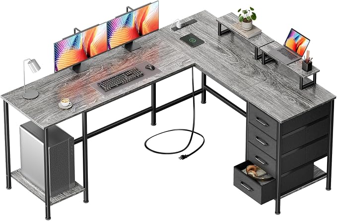 Korfile 66" L Shaped Computer Desk, 94.4'' Home Office Desk with Power Outlets, 4 Adjustable Storage Drawers & 2 Monitor Stands, Large Two Person Gaming Table for Writing Study, Grey