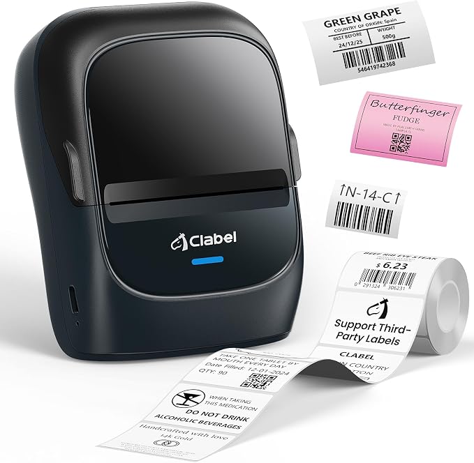 CLABEL Label Maker Machine with Tape, 221B Thermal Bluetooth Label Printer 2 Inch Portable Barcode Inkless Sticker for Small Business, Retail Office,Office, Home, Came with 1 Roll Label (Blue)