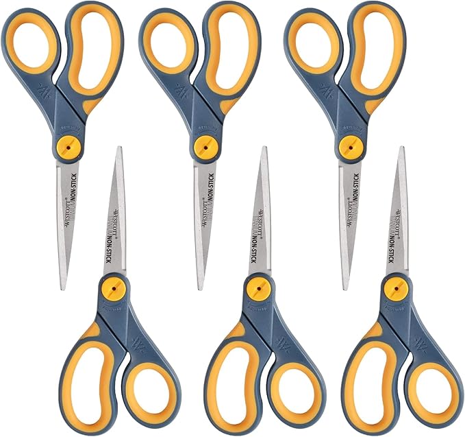 Westcott 8-Inch Non-Stick Titanium Scissors For Office and Home - Glide Adjust Technology - Grey/Yellow Craft, Fabric Scissors - 6 Pack