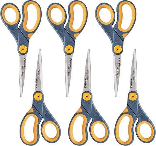 Westcott 8-Inch Non-Stick Titanium Scissors For Office and Home - Glide Adjust Technology - Grey/Yellow Craft, Fabric Scissors - 6 Pack