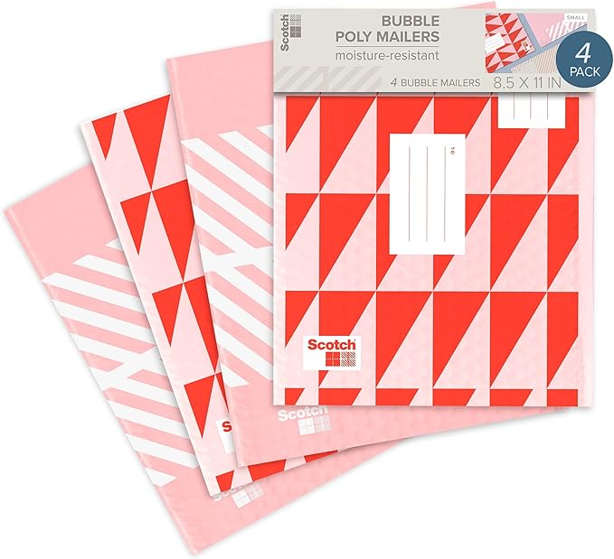 Scotch Poly Bubble Mailers, Assorted Red Designs, Size 2 Small, 8.5 in x 11 in, 4 Mailers