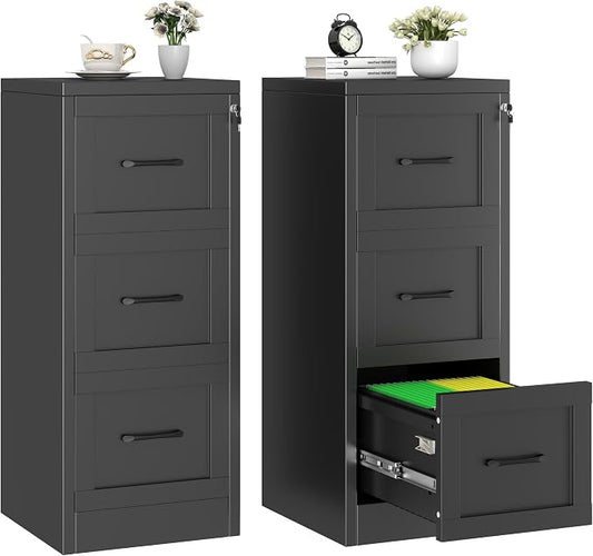 3 Drawer Metal File Cabinet with Lock,Narrow Vertical Filing Storage Cabinets,Steel File Organization for Legal/Letter/A4/F4 Size with Hanging Files,Lockable File Folders for Home Office, Black