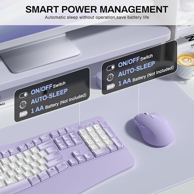 Wireless Keyboard and Mouse Combo,2.4G Ergonomic Wave Keys(Purple-B) | Full Size Cordless Keyboard with Wrist Rest,3-Level DPI Ergonomic Mouse for Office and Home,Windows/Mac OS/Desktop/Laptop/PC