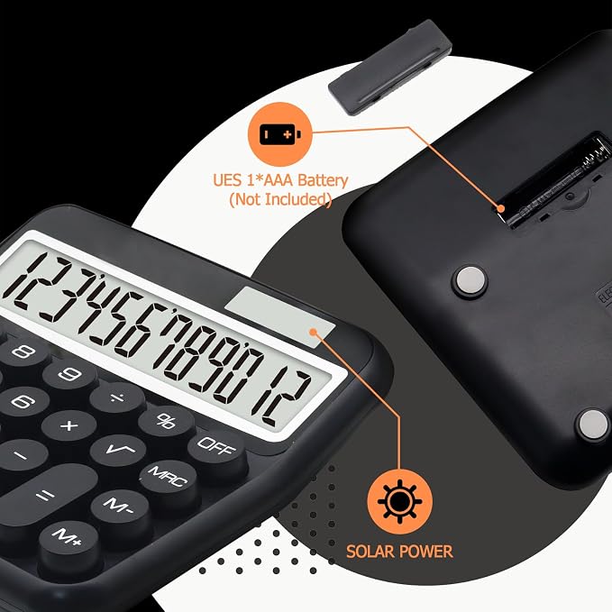 Black Calculator, Big Button Calculator with Large LCD Display | Black Calculators Desktop for Offices, Solar Calculator Powered by two Modes