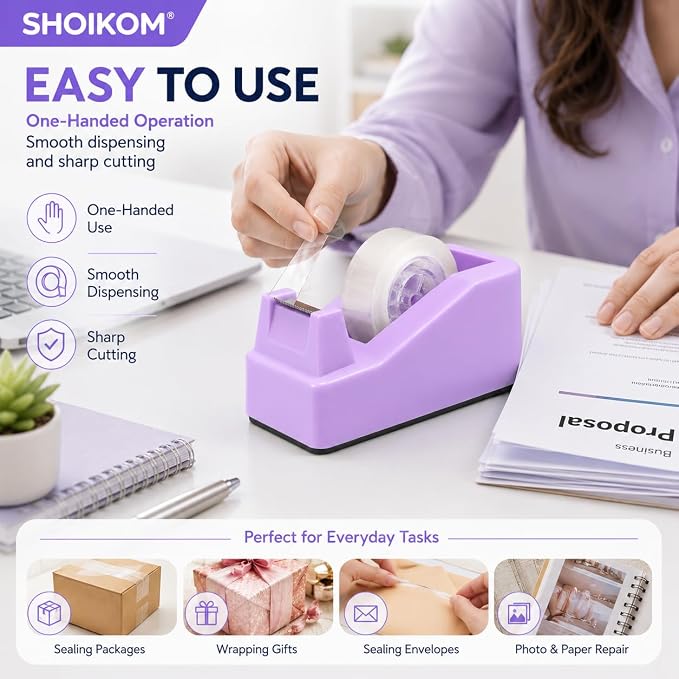 SHOIKOM Purple Tape Dispenser for Desk, Weighted Non-Slip Base, One-Hand Tape Cutter, Cute Macaron Office Desk Accessory (Tape not Included)