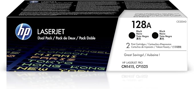 HP Original 128A Black Toner Cartridges (2-Pack) | Works LaserJet Pro CM1415 Color, CP1525 Color Series | CE320AD